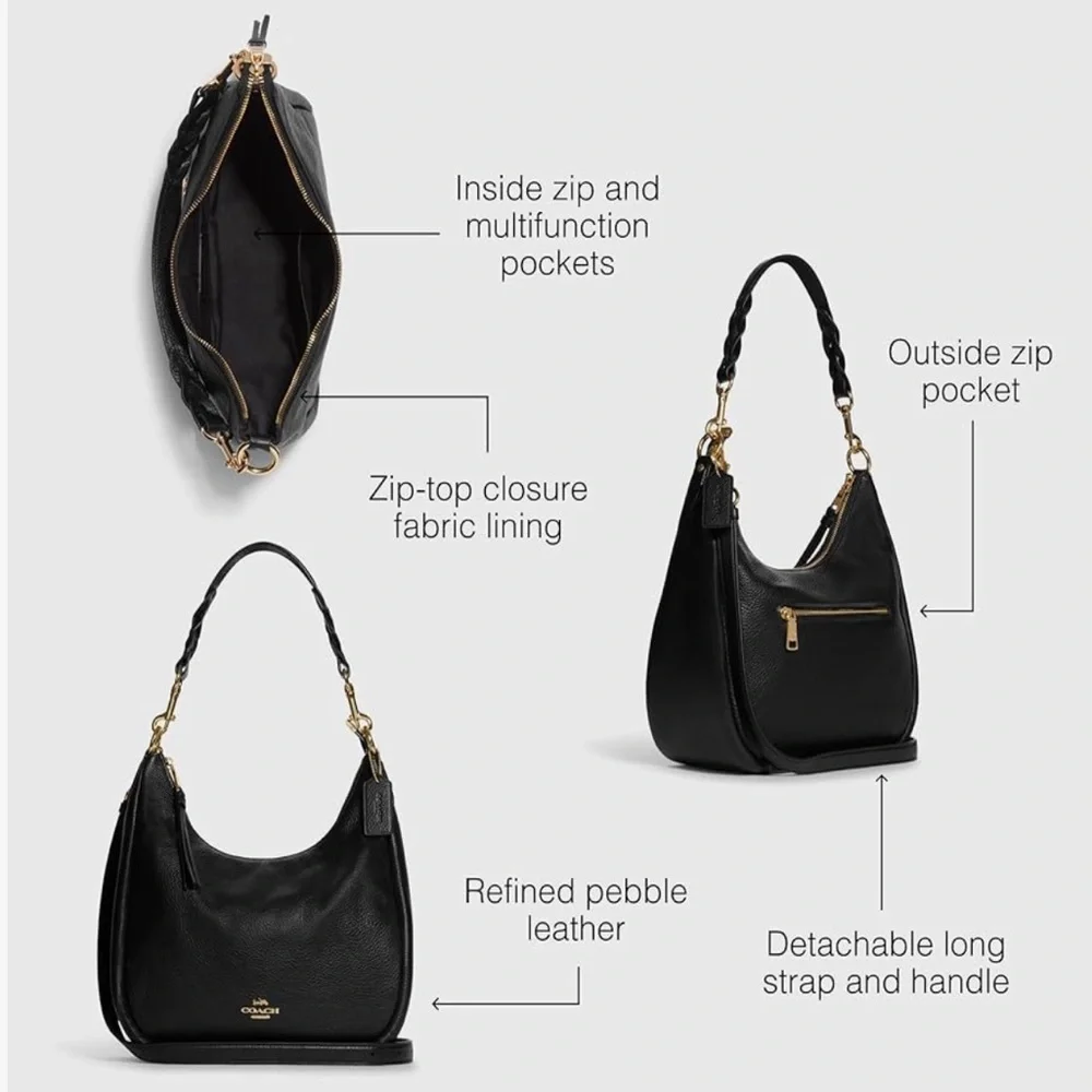 New Coach Black Jules Leather Hobo Bag with Gold Accents